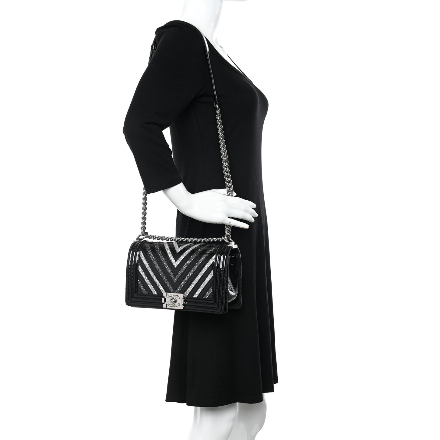 Patent Glitter PVC Chevron Quilted Medium Boy Flap Black Silver
