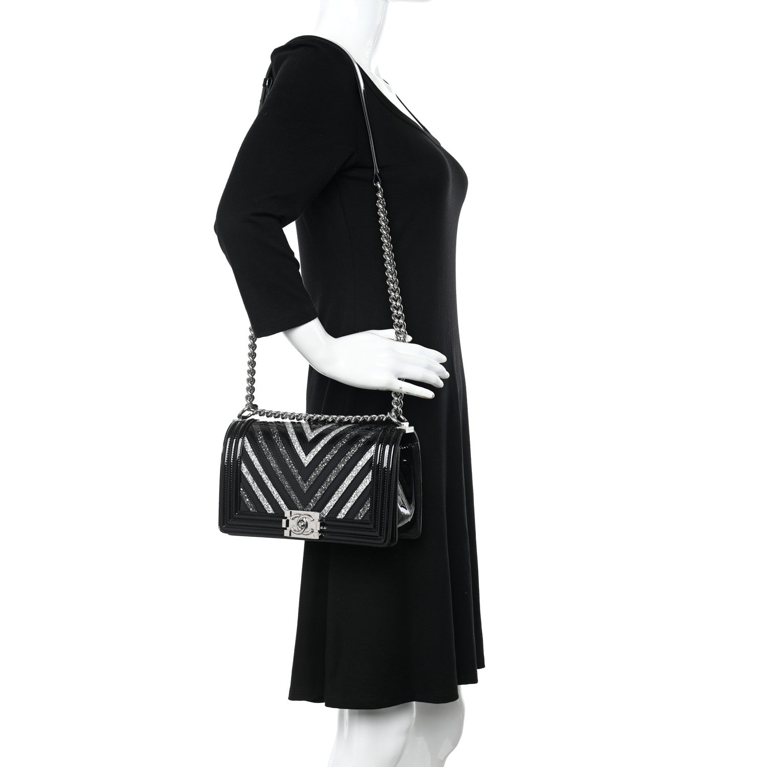 Chanel Patent Glitter PVC Chevron Quilted Medium Boy Flap Black Silver 2 of 10