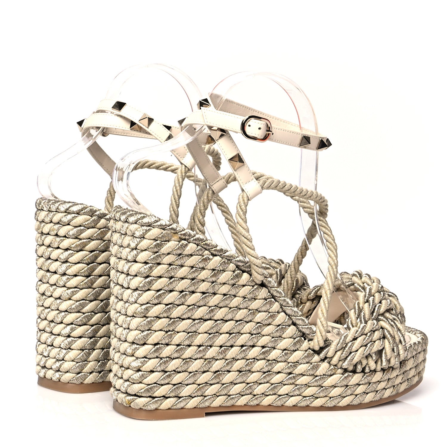 Valentino Garavani Braided Cotton Calfskin Rockstud Torchon Espadrille Wedge Sandals 40 Light Ivory 4 of 7