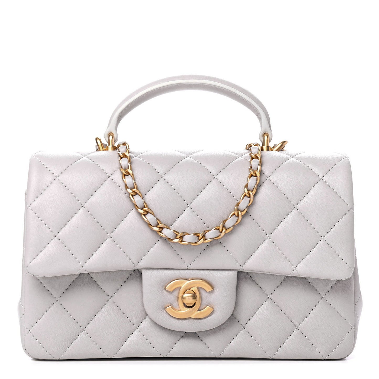 Lambskin Quilted Mini Top Handle Rectangular Flap Grey