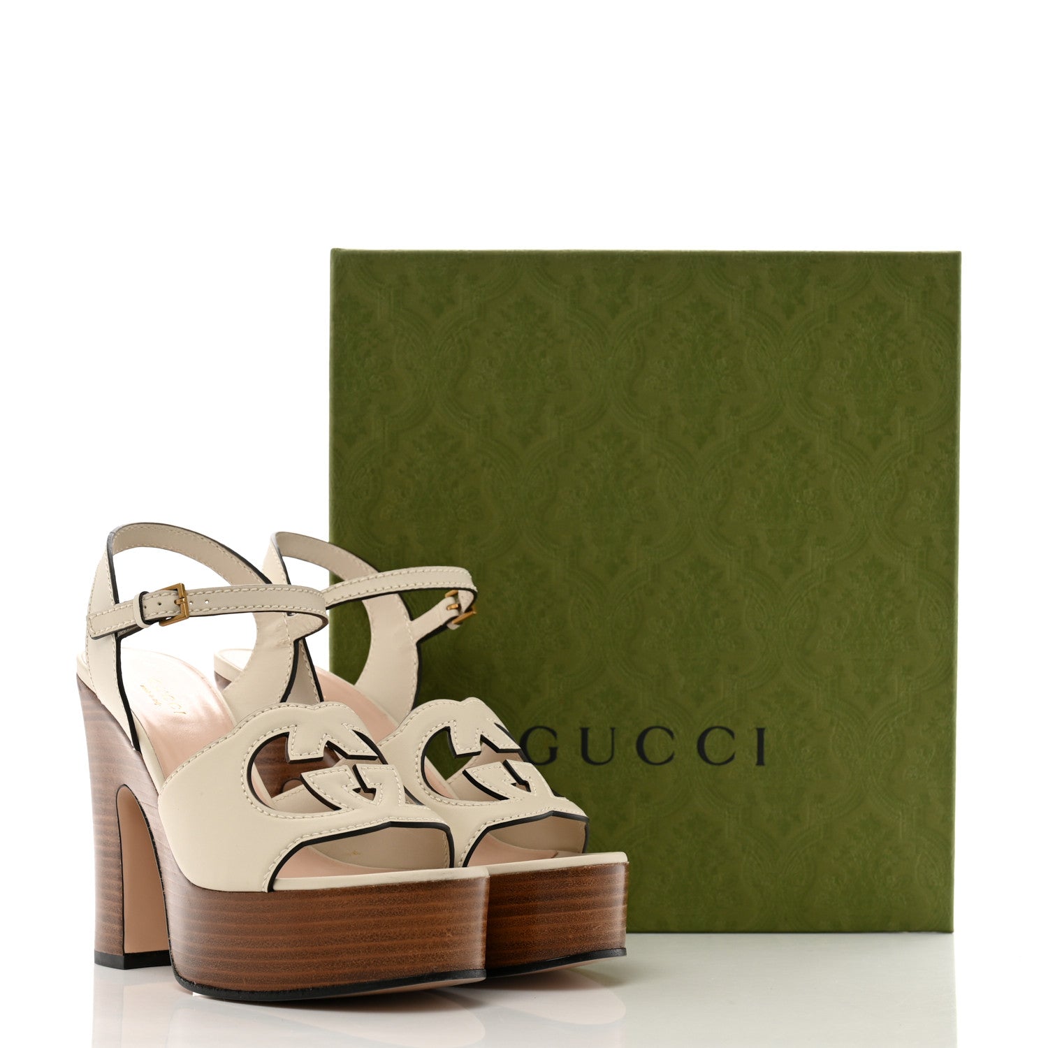 Gucci Cosmos Softy Calfskin Wooden Interlocking G Cut-Out 30/120mm Platform Sandals 37 Mystic White 10 of 10