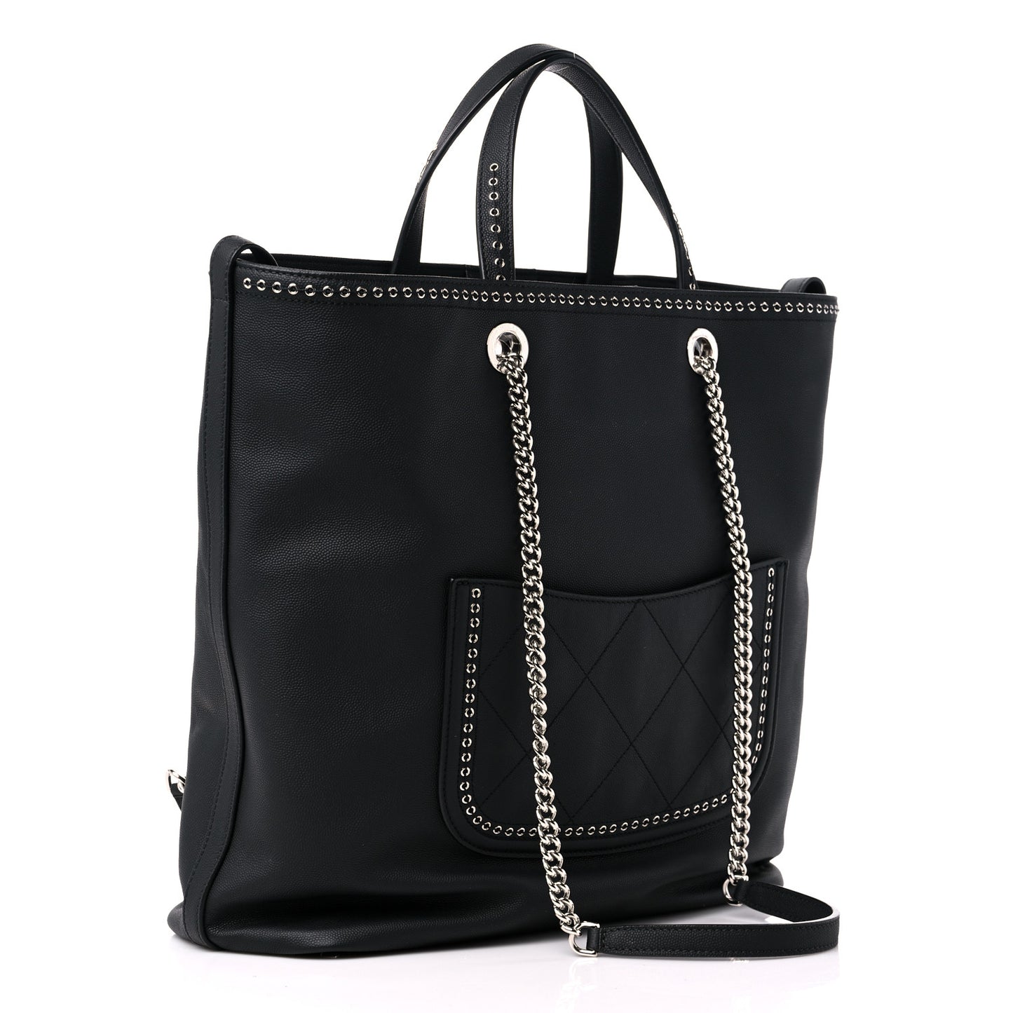 Grained Calfskin Large Coco Eyelets Shopping Tote Black