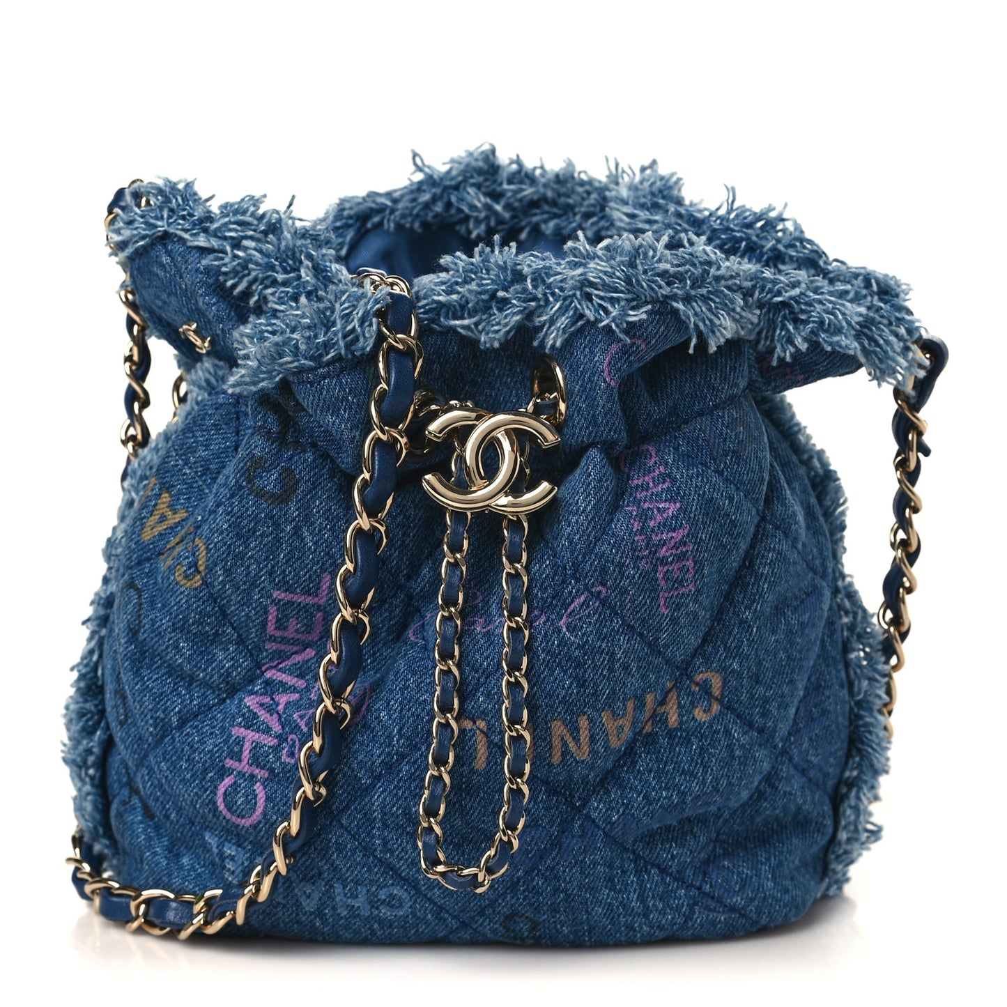 Denim Quilted Small Mood Bucket With Chain Blue Multicolor