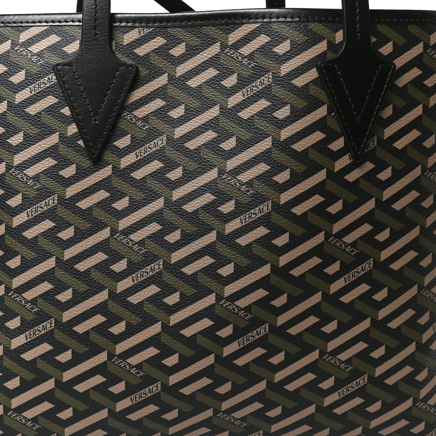 Canvas Calfskin Monogram La Greca Medusa Tote Black Khaki