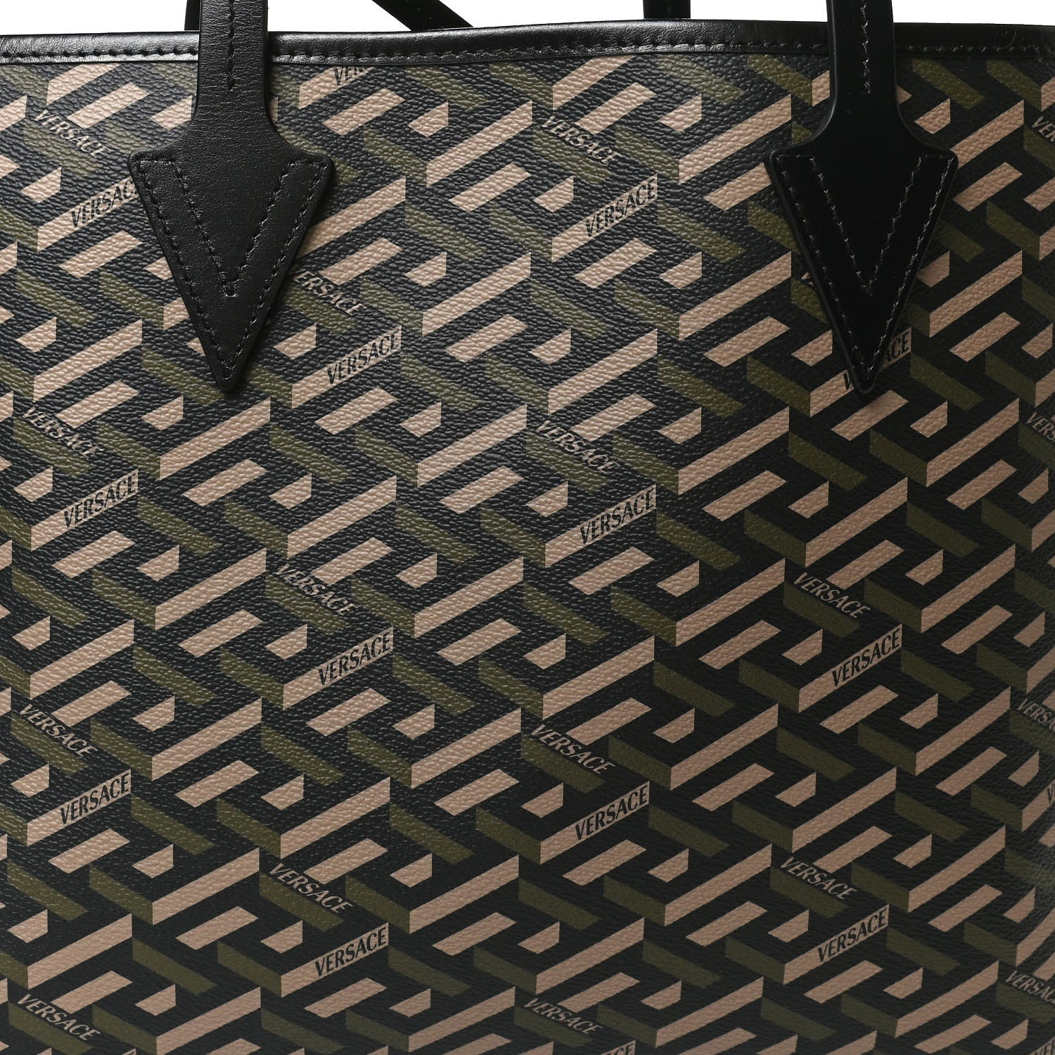 Versace Canvas Calfskin Monogram La Greca Medusa Tote Black Khaki 9 of 11