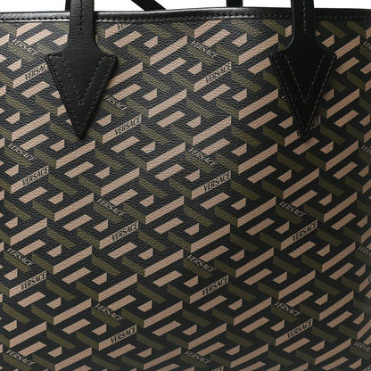 Versace Canvas Calfskin Monogram La Greca Medusa Tote Black Khaki 9 of 11
