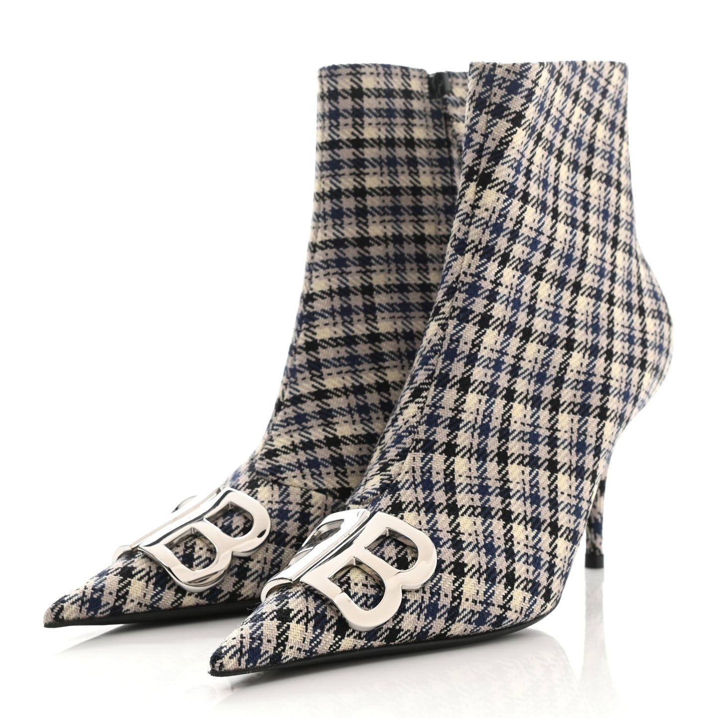 Wool Check BB Pointy Toe Ankle Booties 40 Beige Navy Silver