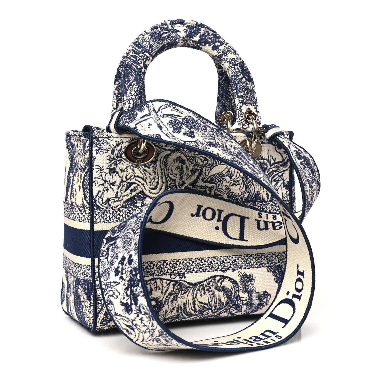 Christian Dior Canvas Toile De Jouy Embroidered Medium Lady D-Lite Navy 3 of 10