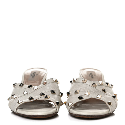Valentino Garavani Pebbled Calfskin Rockstud Crisscross Slide 60mm Sandals 39 Ivory 2 of 11