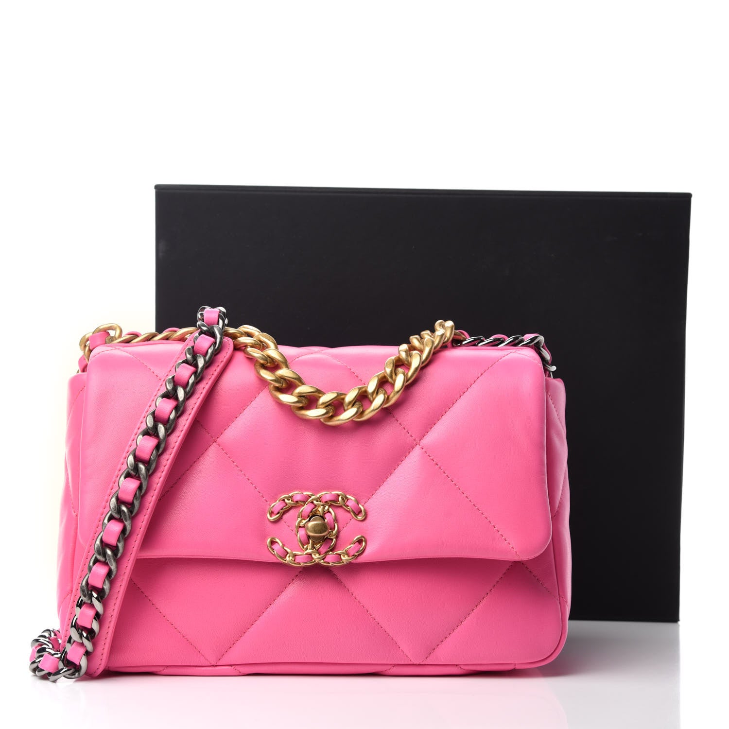 Chanel Shiny Lambskin Quilted Medium Chanel 19 Flap Neon Pink 11 of 11