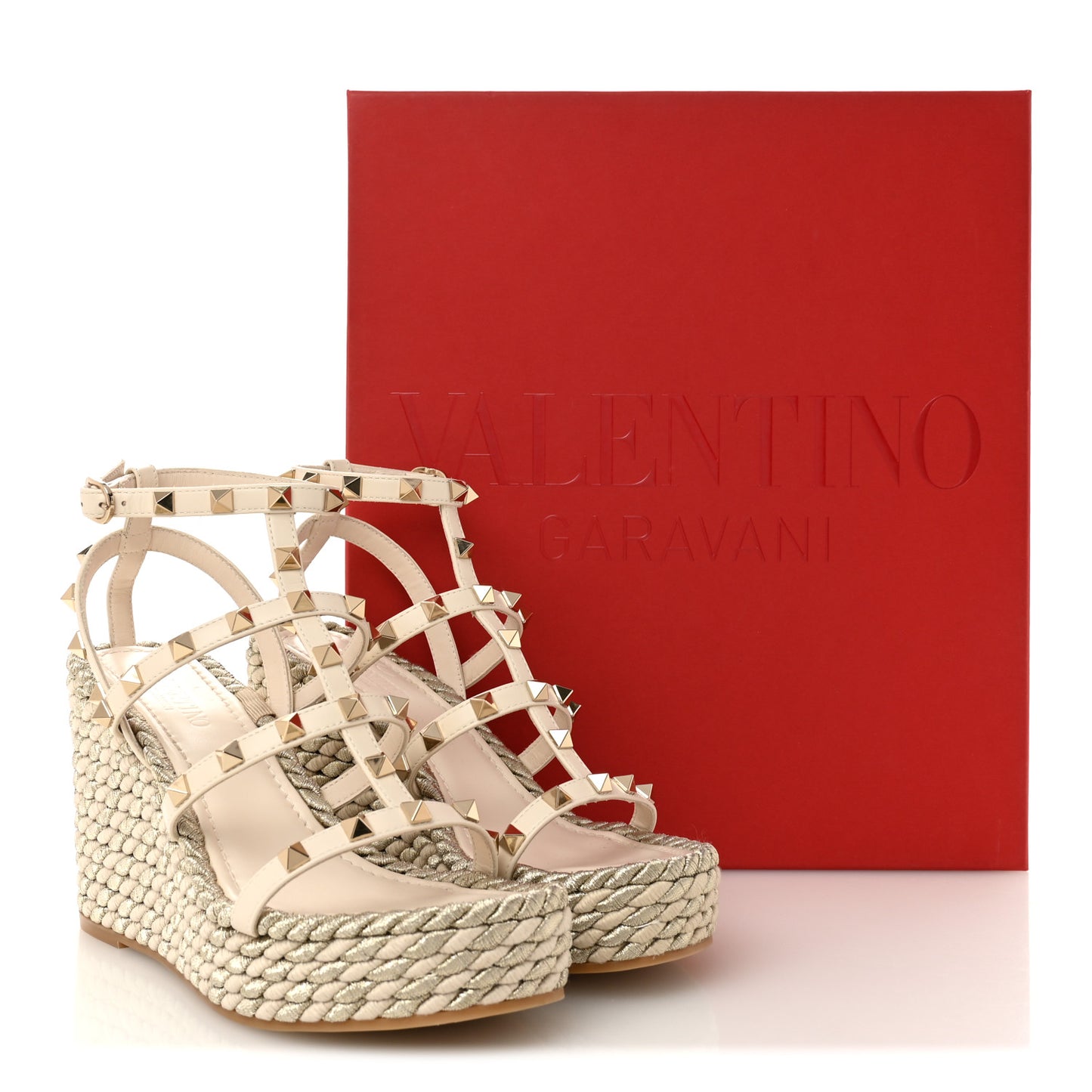 Calfskin Rockstud Ankle Strap Torchon Espadrille Caged 25/95mm Wedge Sandals 36 Light Ivory