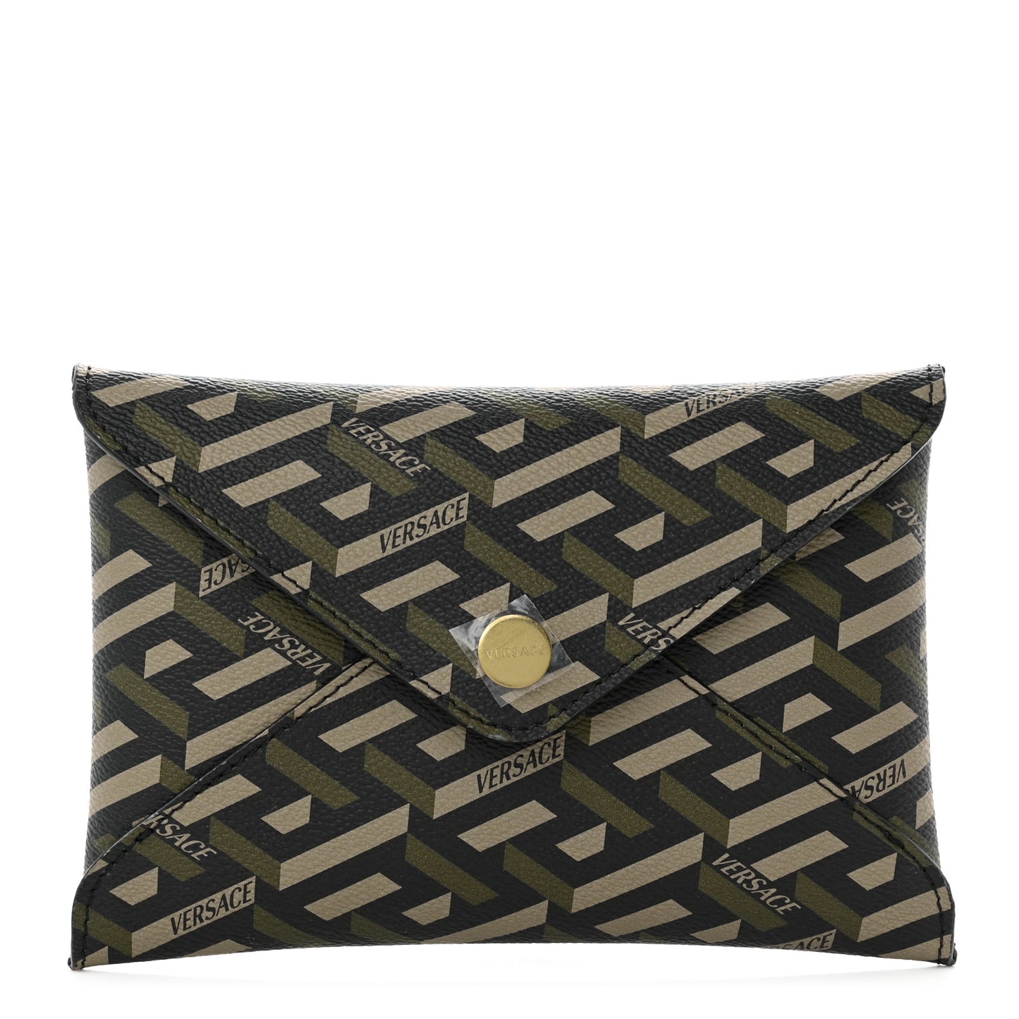 Coated Canvas Calfskin LA Greca Envelope Pouch Black Green Beige