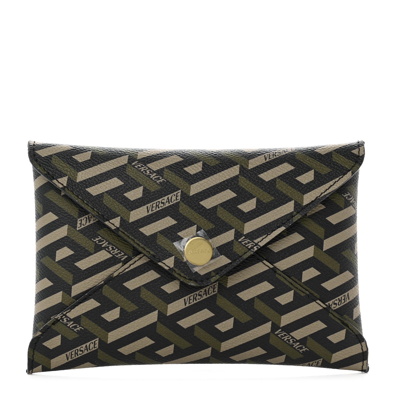 Versace Coated Canvas Calfskin LA Greca Envelope Pouch Black Green Beige 1 of 6
