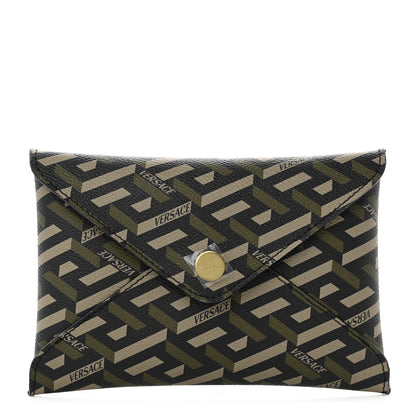 Versace Coated Canvas Calfskin LA Greca Envelope Pouch Black Green Beige 1 of 6
