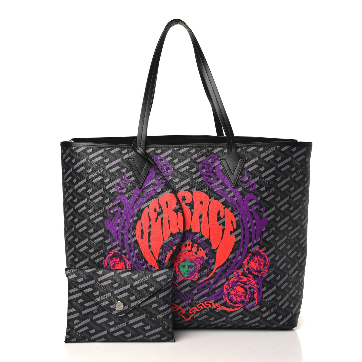 Coated Canvas Calfskin La Greca Medusa Music Signature Shopper Tote Bag Black Grey