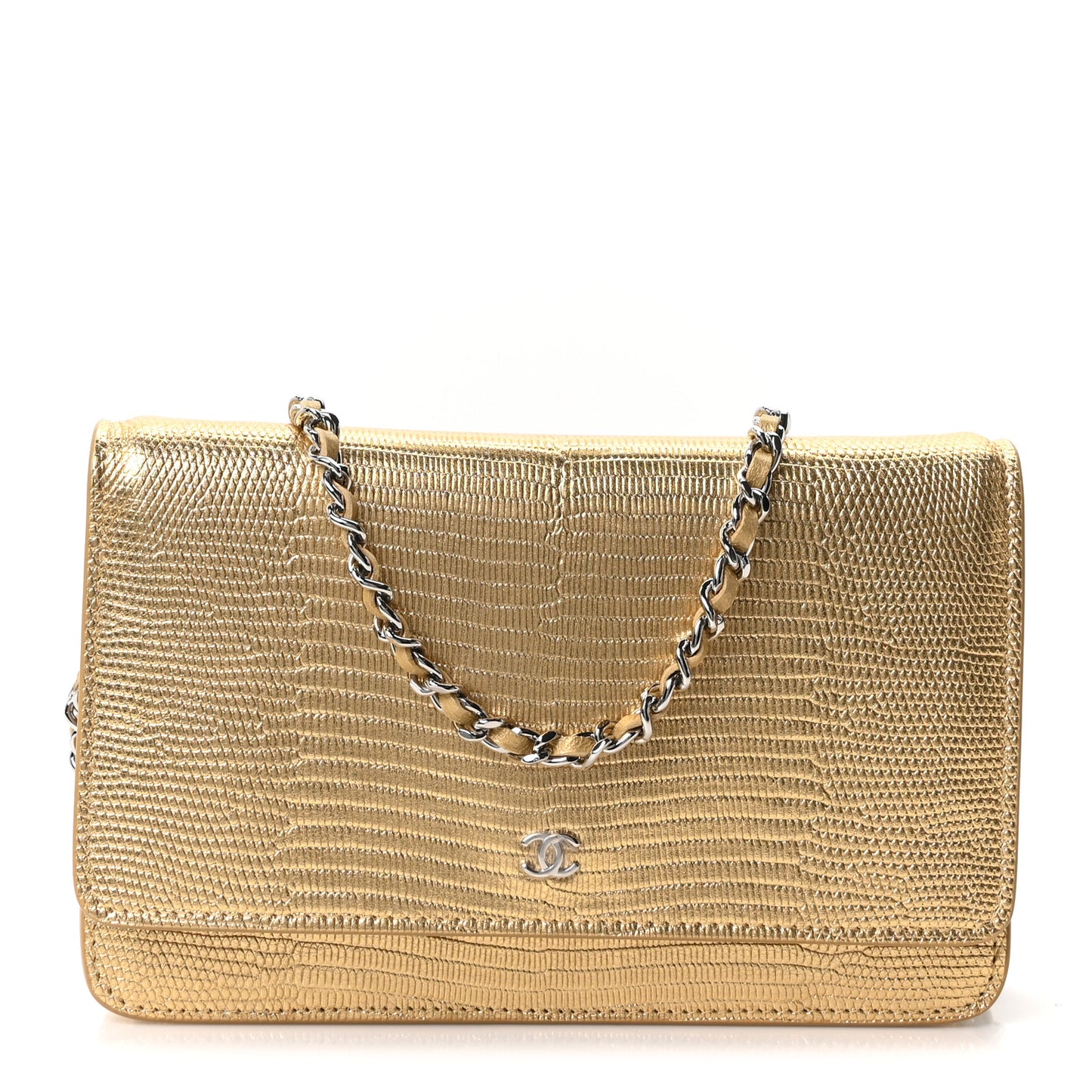 Calfskin Lizard Embossed Wallet On Chain WOC Gold