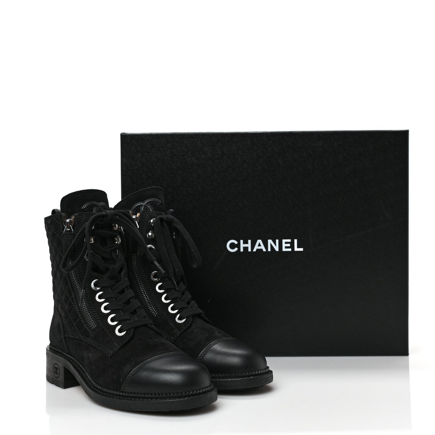 Suede Quilted CC Lace Up Combat Boots 36 Black