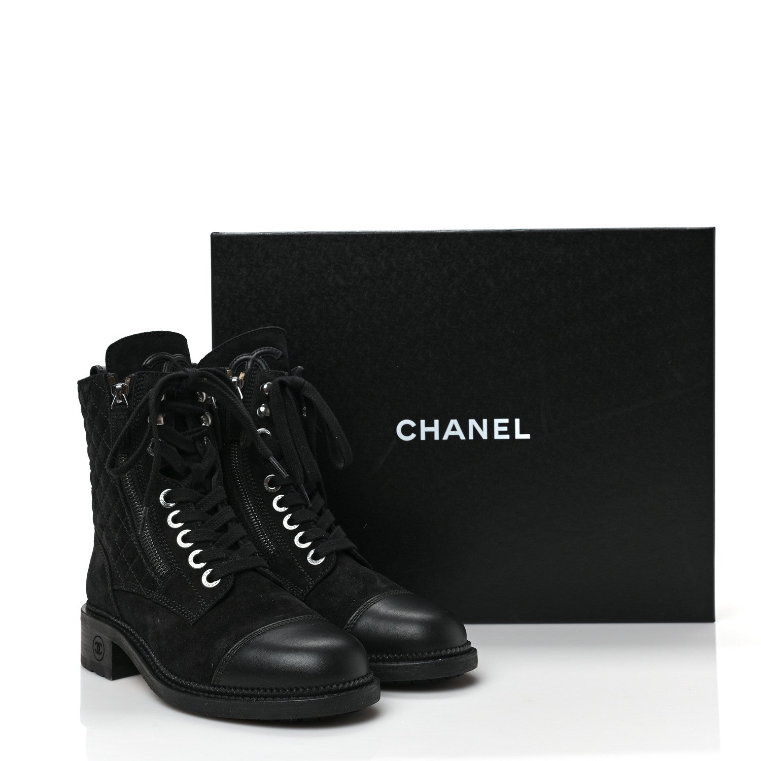 Chanel Suede Quilted CC Lace Up Combat Boots 36 Black 8 of 8