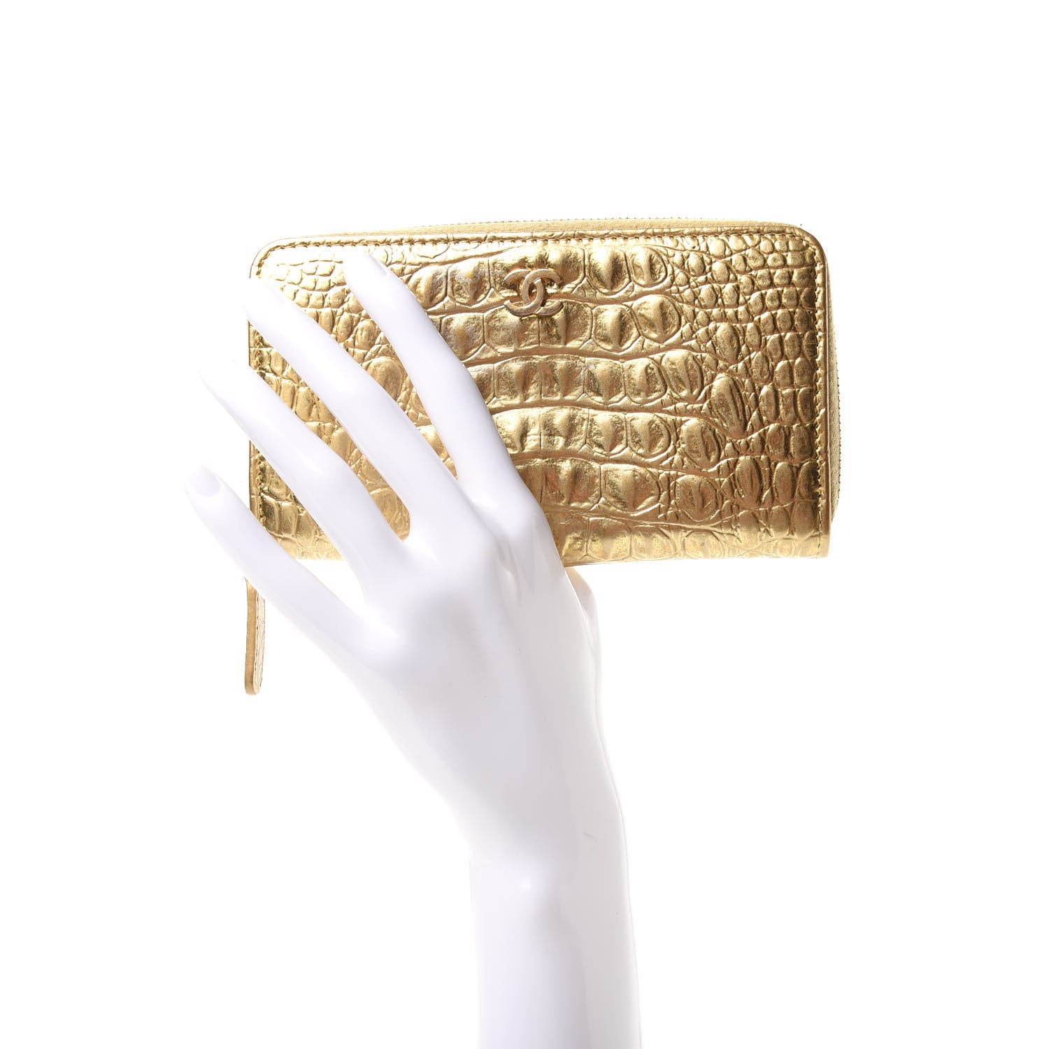 Chanel Metallic Calfskin Crocodile Embossed Small Zip Wallet Gold 2 of 8