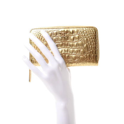 Chanel Metallic Calfskin Crocodile Embossed Small Zip Wallet Gold 2 of 8