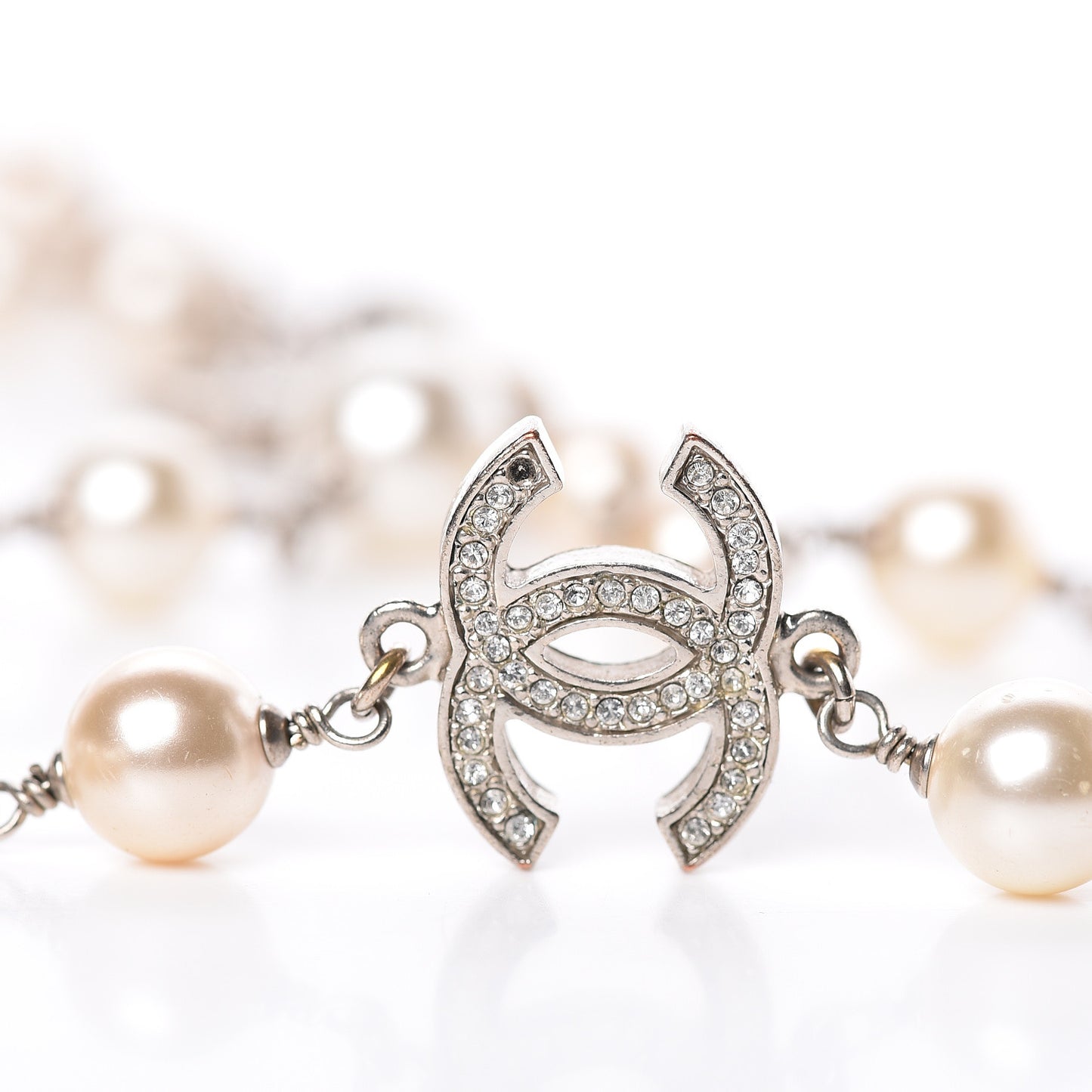 Graduated Pearl Crystal CC Long Necklace Silver