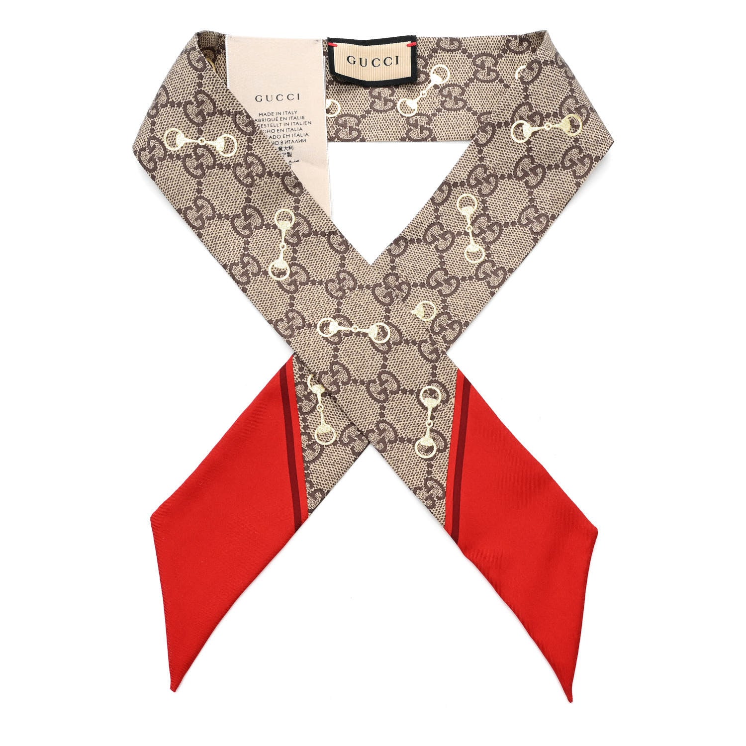 Gucci Silk Twill GG Monogram Gold Horsebity Neck Bow Scarf Flame 1 of 3