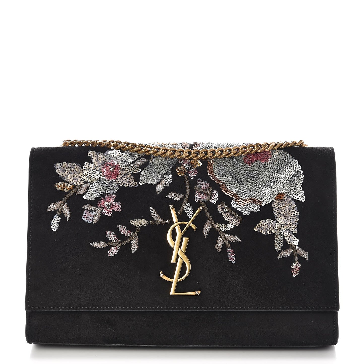 Suede Sequin Medium Monogram Kate Shoulder Bag Black