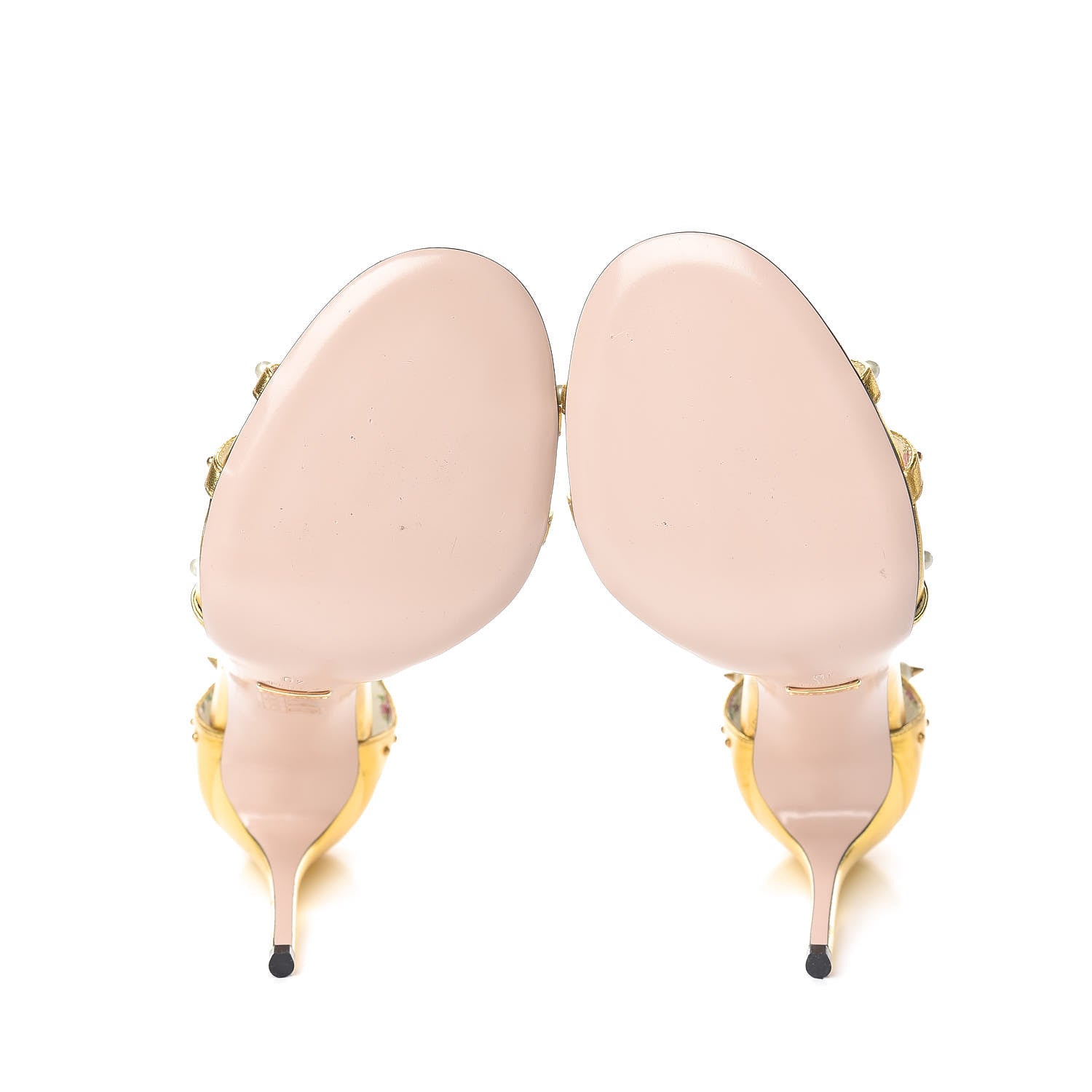 Gucci Metallic Nappa Silk Pearl Studded Regina T-Strap High Heel Sandals 40 Oro Vecchio 6 of 10