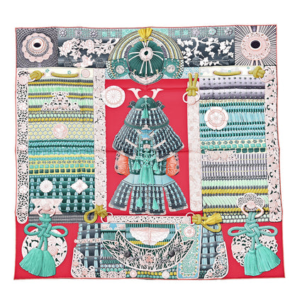 Hermes Silk Parures de Samouraïs Scarf 90 Framboise Red Rose Poudre 1 of 4