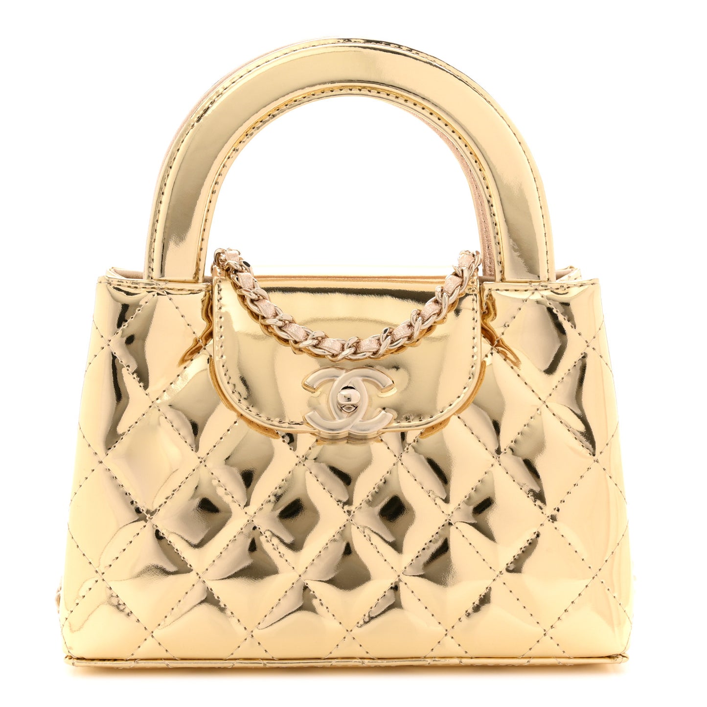 Mirror Calfskin Metallic Calfskin Quilted Nano Kelly Shopper Gold