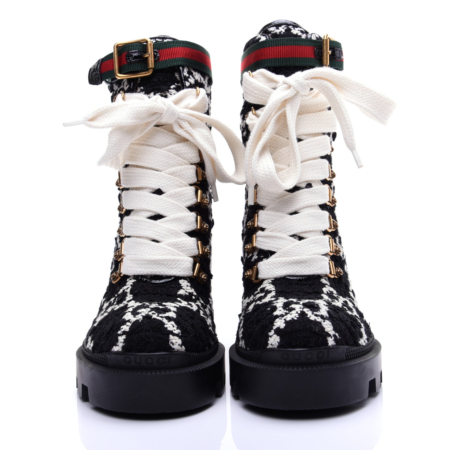 Tweed GG Monogram Lace Up Combat Ankle Boots 35 Black