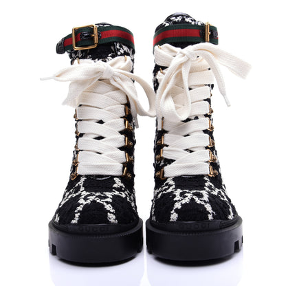 Gucci Tweed GG Monogram Lace Up Combat Ankle Boots 35 Black 2 of 15