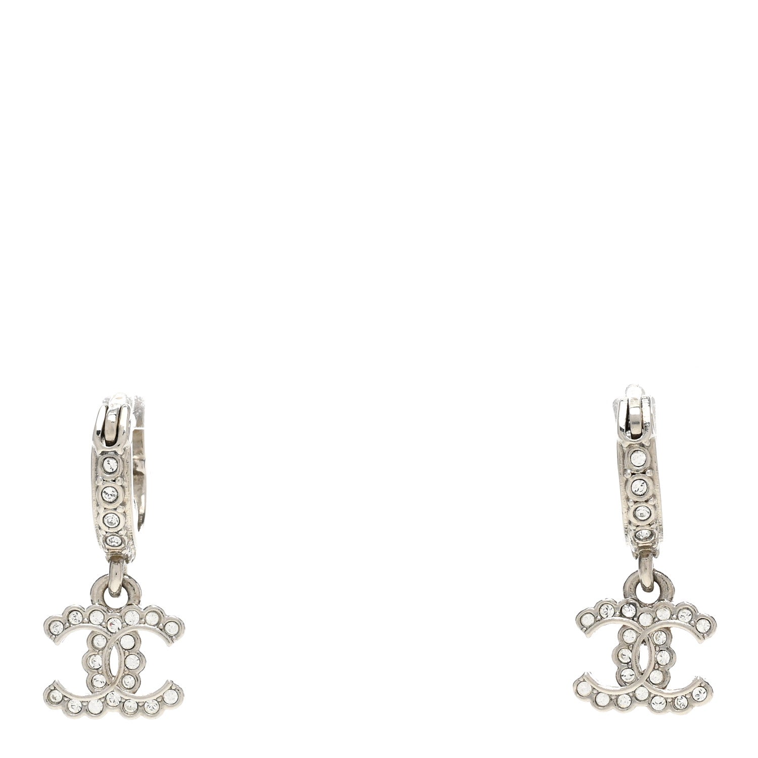 Chanel Metal Crystal CC Hoop Drop Earrings Silver 1 of 5