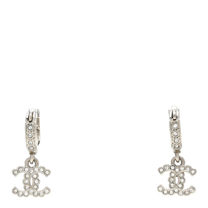 Chanel Metal Crystal CC Hoop Drop Earrings Silver 1 of 5
