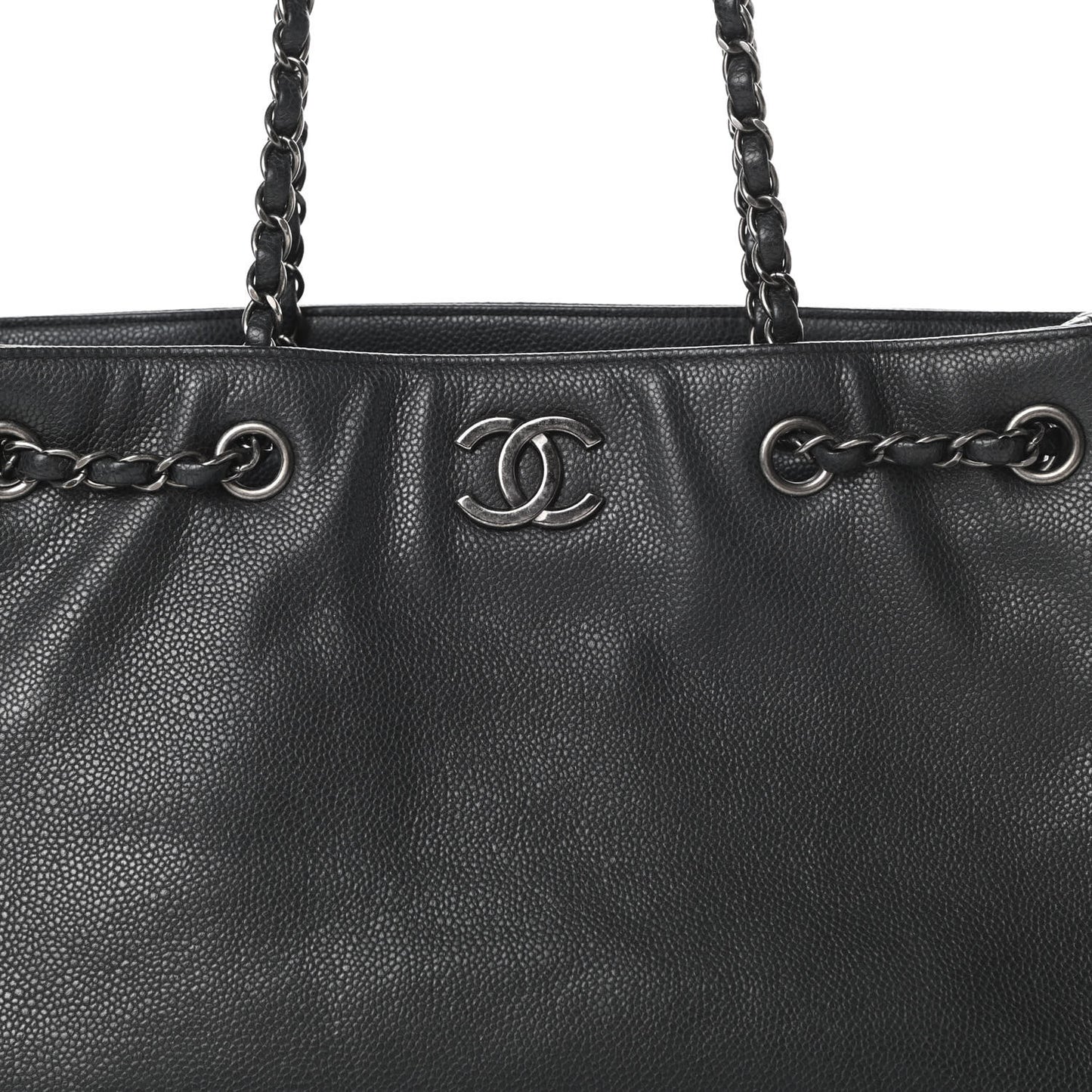 Metallic Grained Calfskin Medium Woven Chain Shopping Tote Black