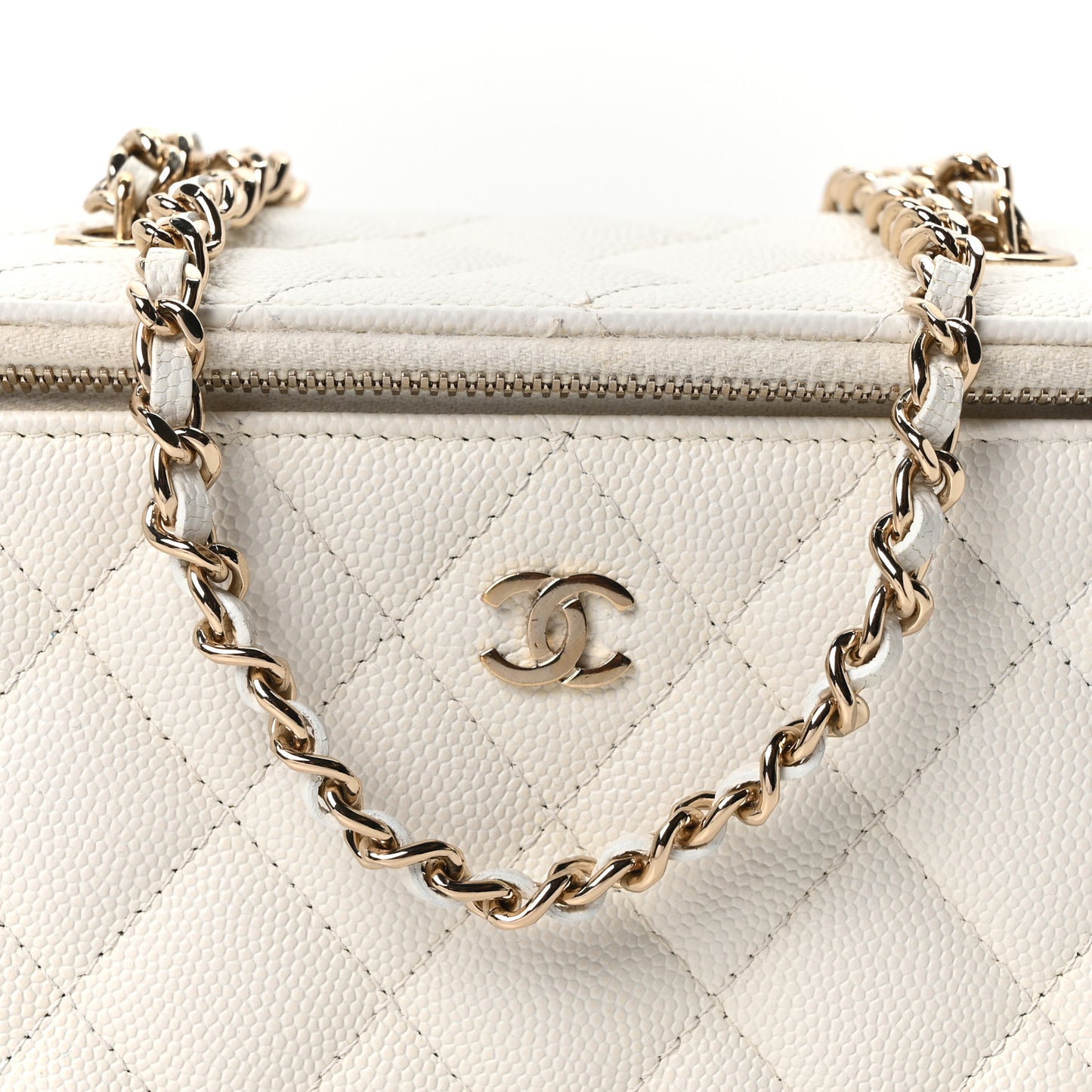 Caviar Quilted Small Vanity Case With Chain White