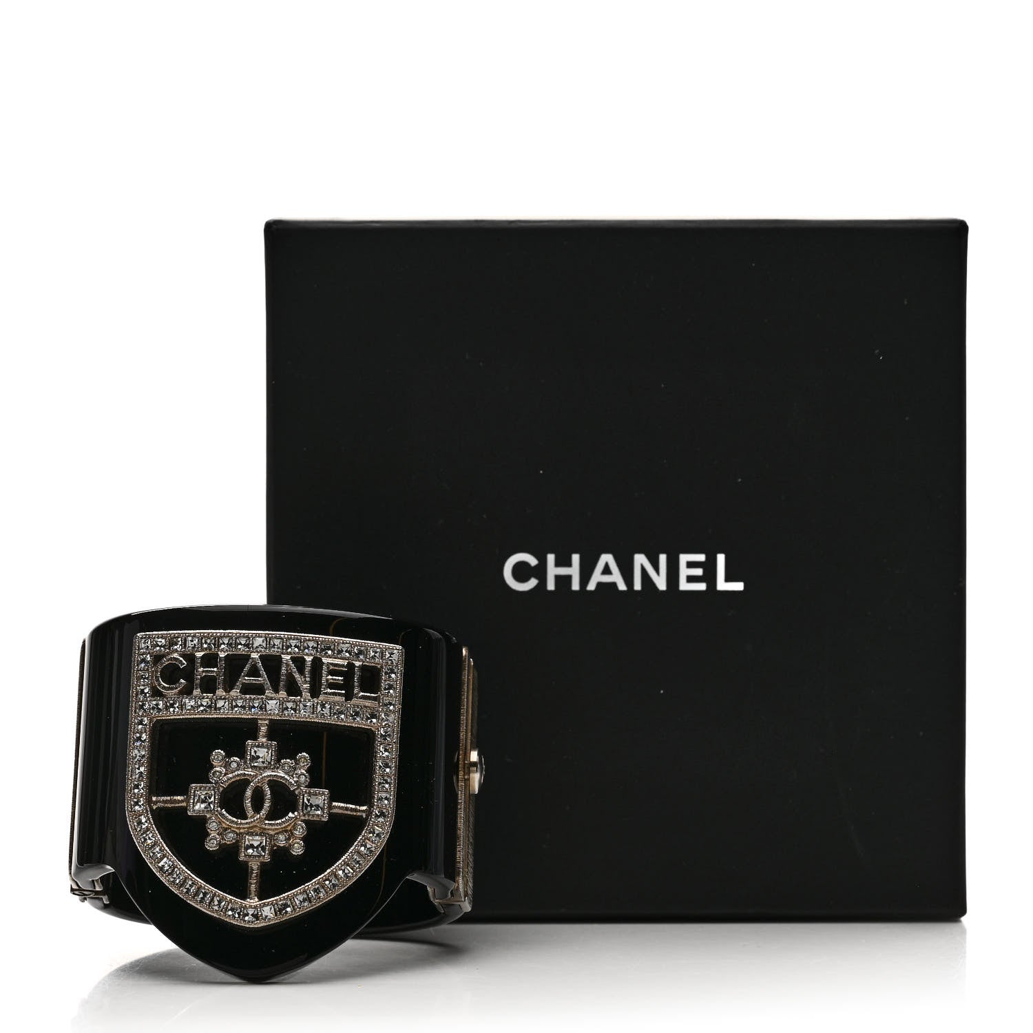 Chanel Resin Swarovski Baguette Crystal CC Shield Cuff Black 5 of 5