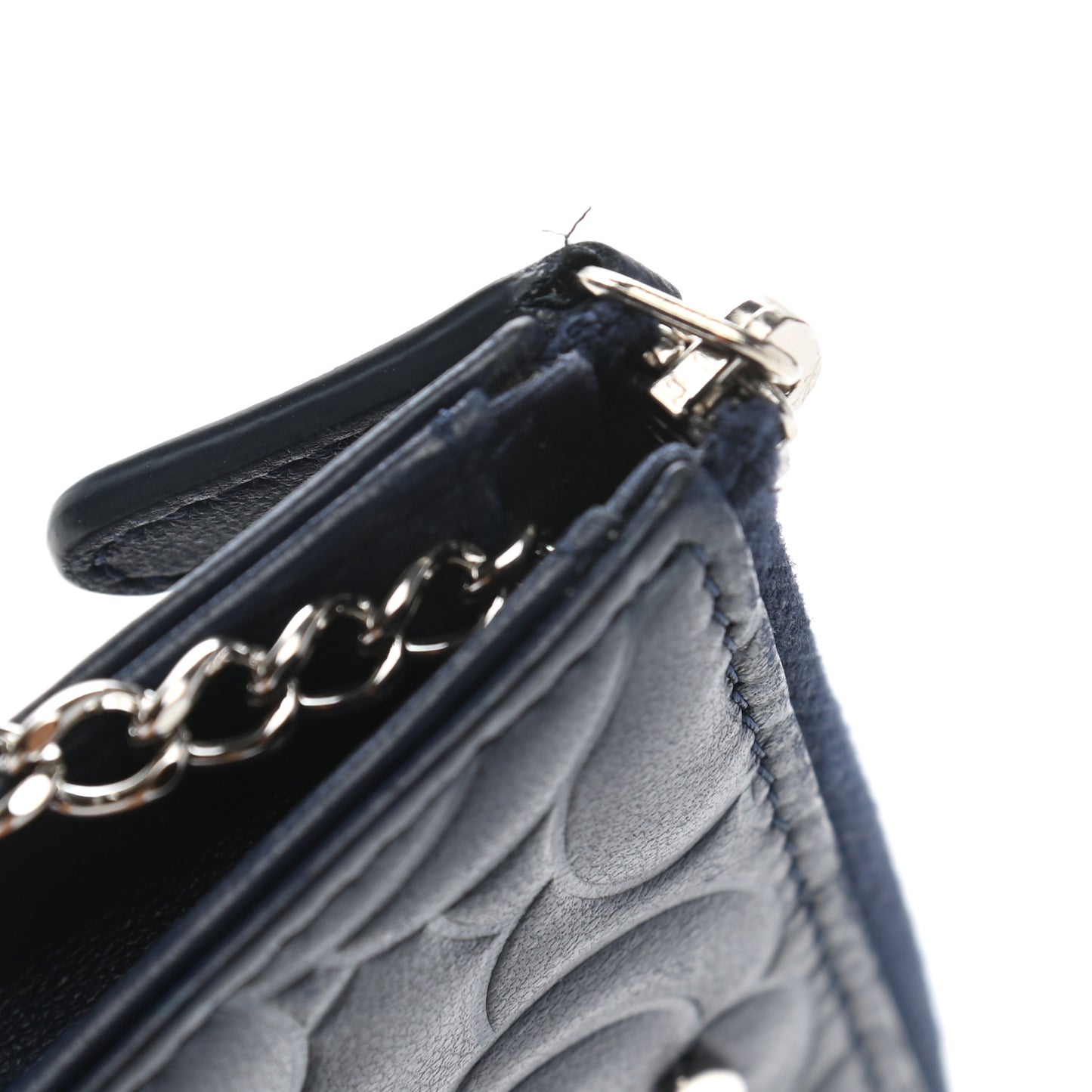 Lambskin Camellia Embossed Key Holder Case Navy