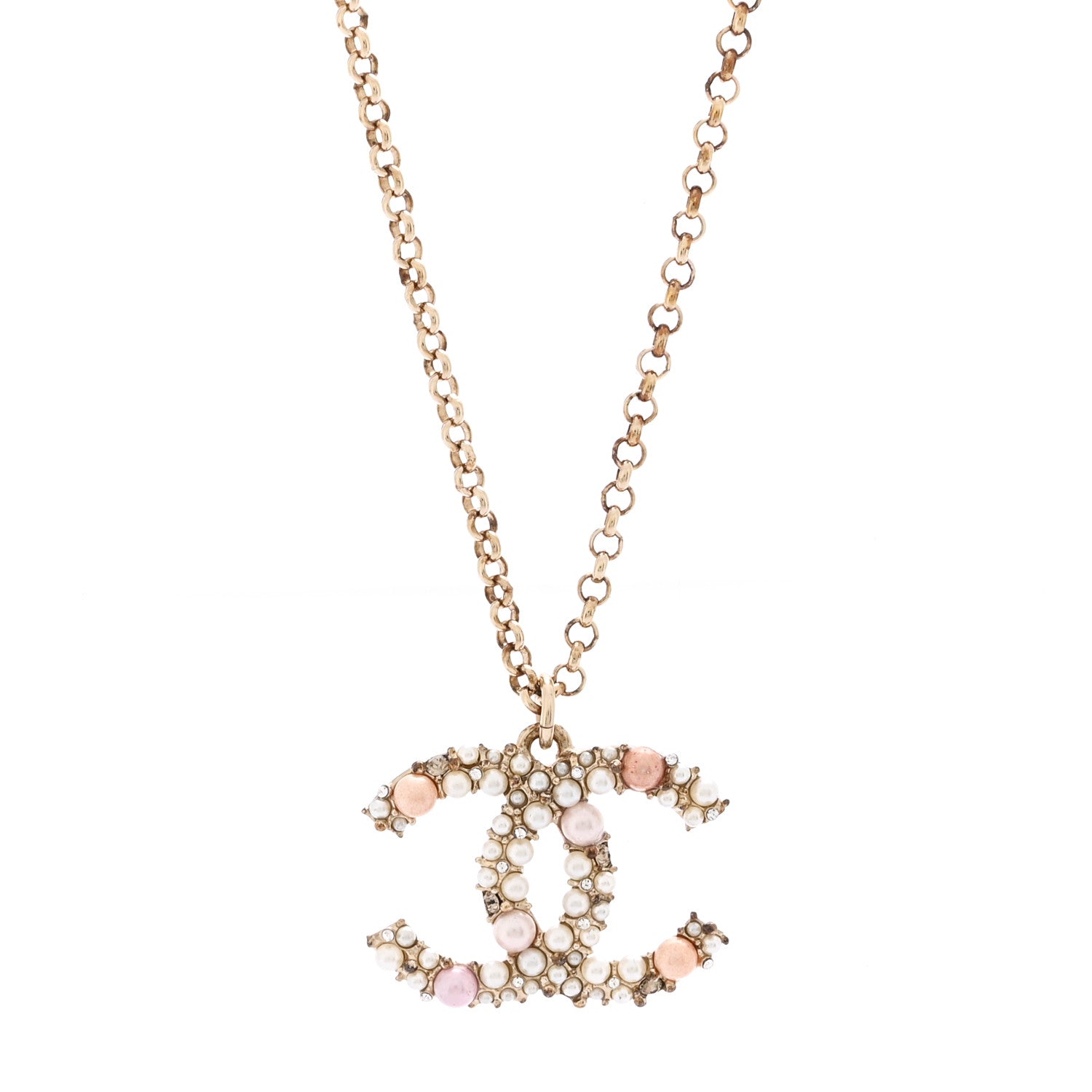 Chanel Crystal Pearl CC Pendant Necklace Gold Pink 4 of 7