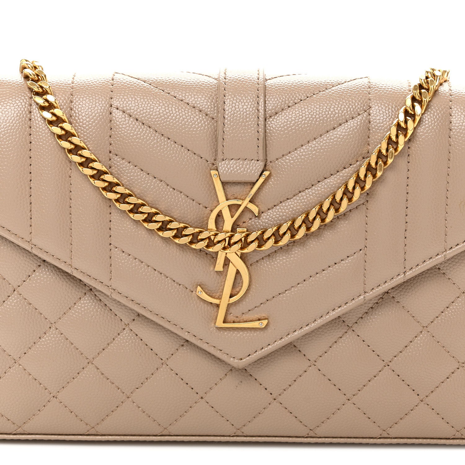 Saint Laurent Grain De Poudre Mixed Matelasse Triquilt Monogram Chain Wallet Dark Beige 7 of 11
