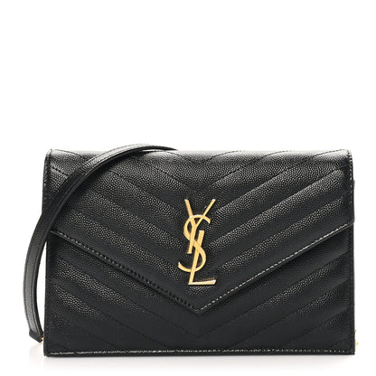 Saint Laurent Grain De Poudre Matelasse Chevron Monogram Envelope Chain Wallet Black 1 of 10