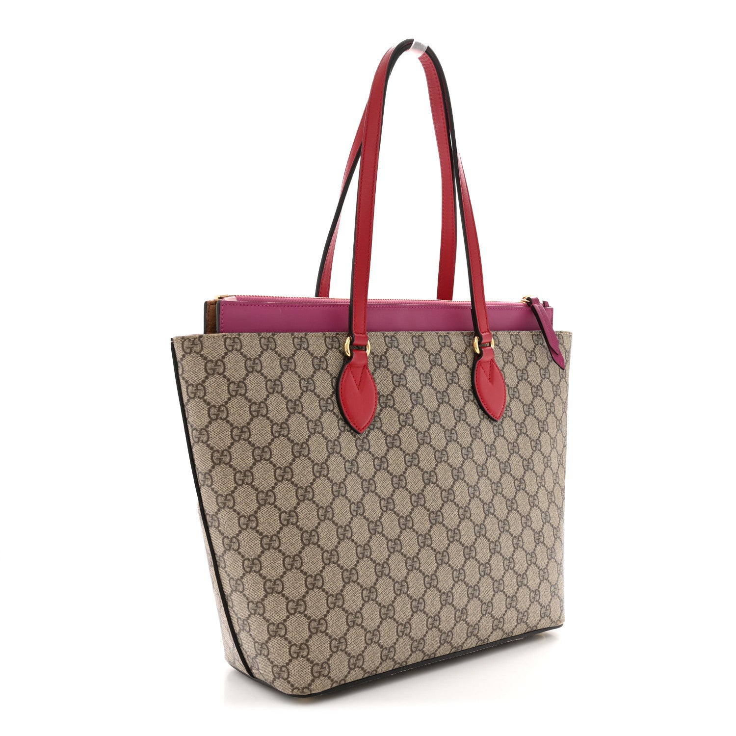 Gucci GG Supreme Monogram Medium Zippered Bucket Tote Beige Hibiscus Red New Rosette 3 of 12