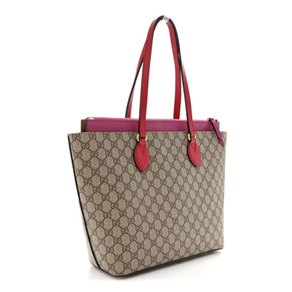 Gucci GG Supreme Monogram Medium Zippered Bucket Tote Beige Hibiscus Red New Rosette 3 of 12