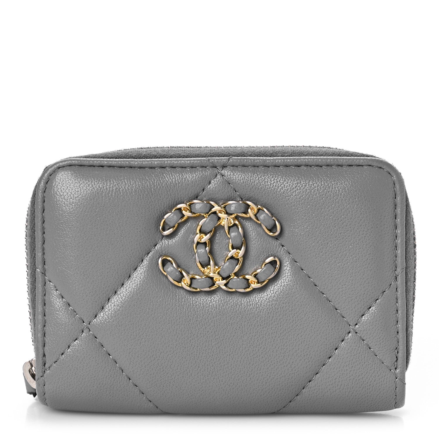 Chanel Lambskin Quilted Chanel 19 Zip Around Coin Purse Wallet Grey 1 of 9