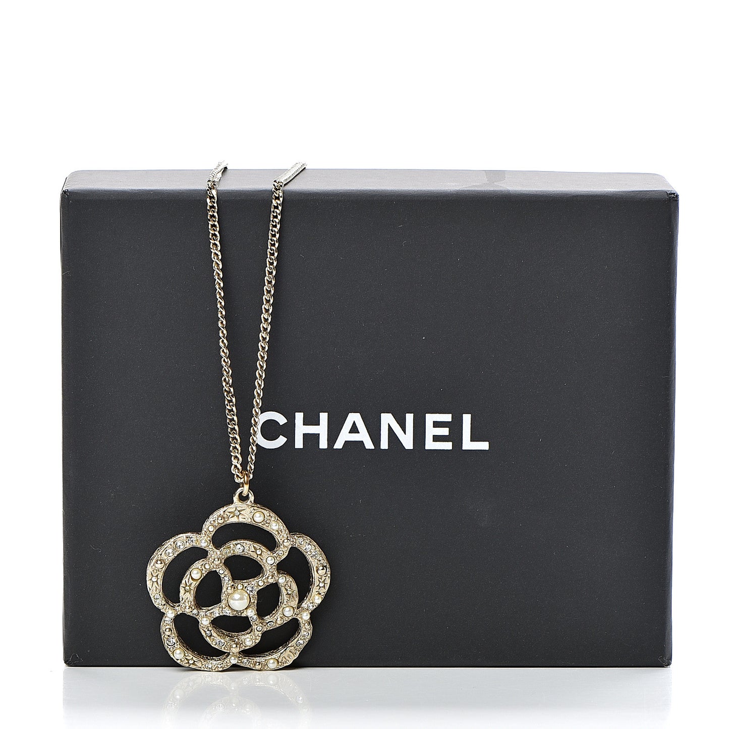 Pearl Crystal Large Camellia Pendant Necklace Light Gold