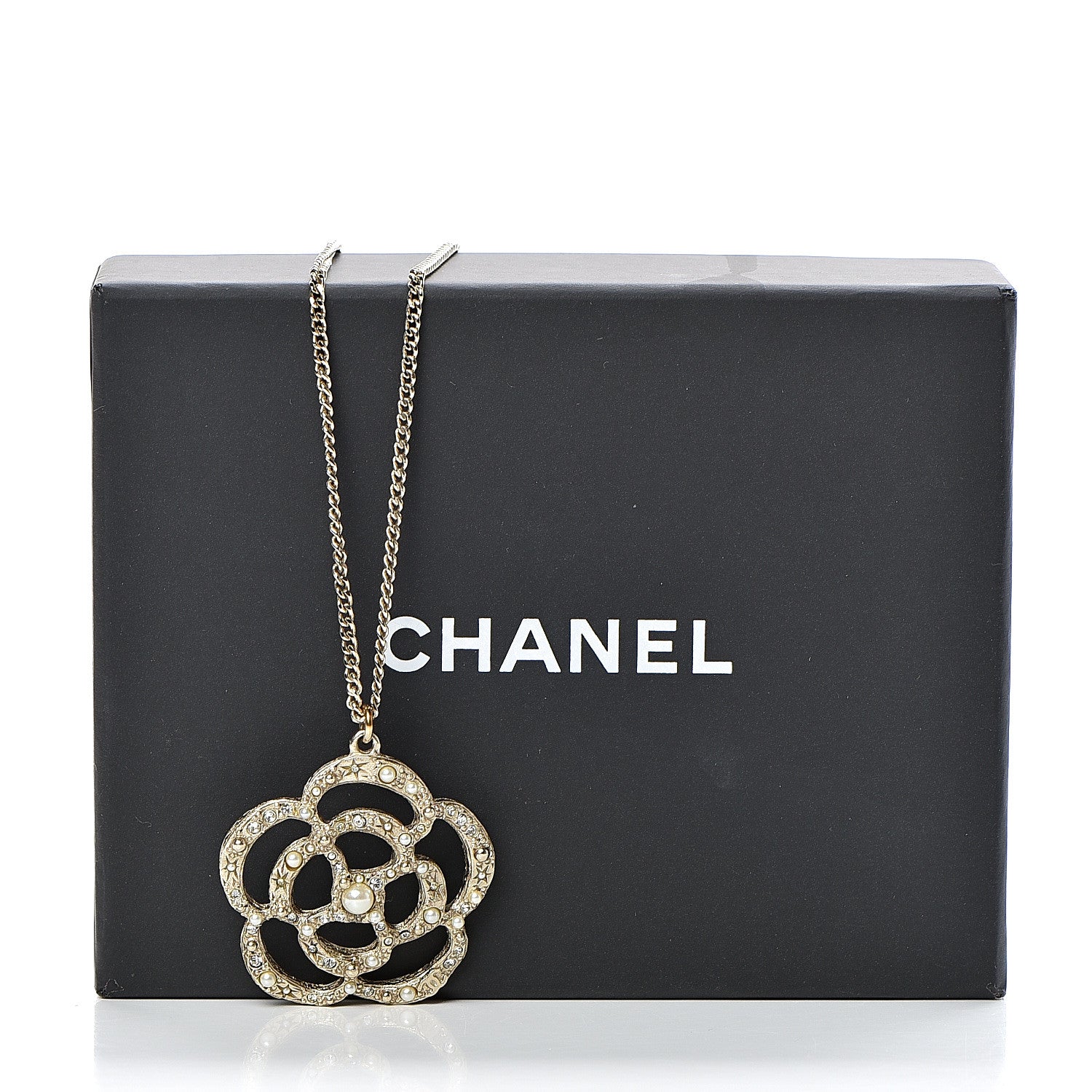 Chanel Pearl Crystal Large Camellia Pendant Necklace Light Gold 5 of 5