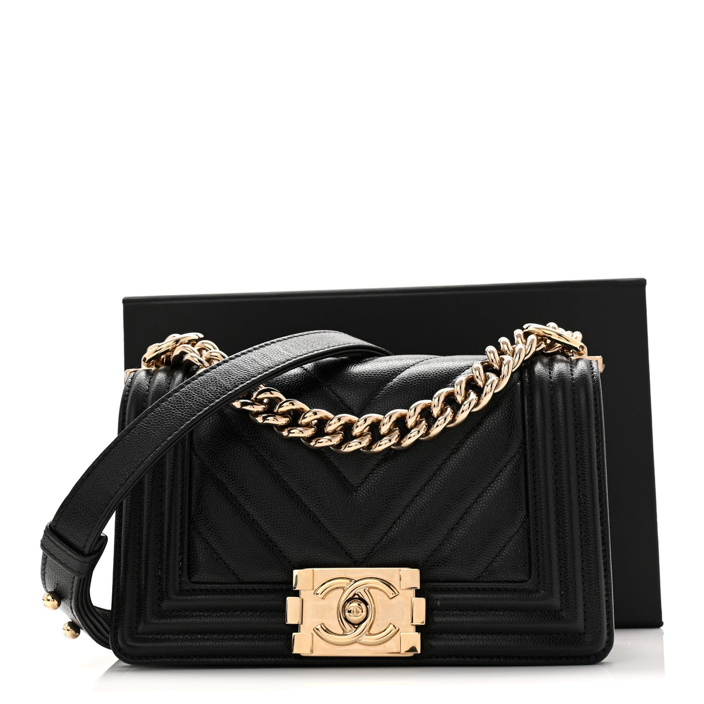 Caviar Chevron Quilted Small Boy Flap Black