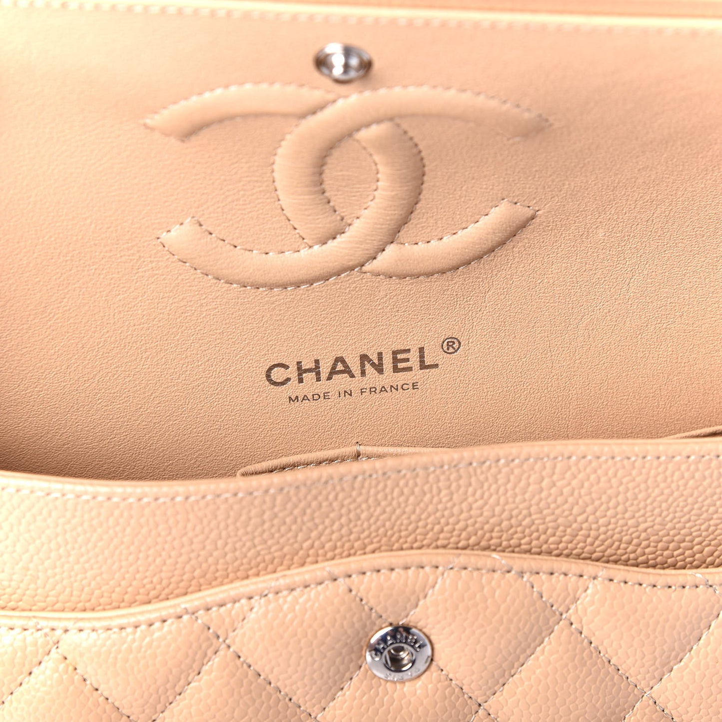 Caviar Quilted Medium Double Flap Beige