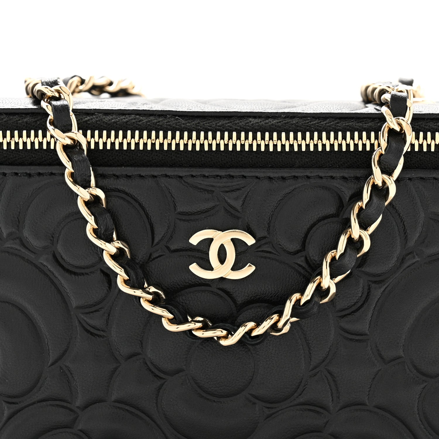 Chanel Lambskin Camellia Embossed Small Vanity Case With Chain Black 8 of 10