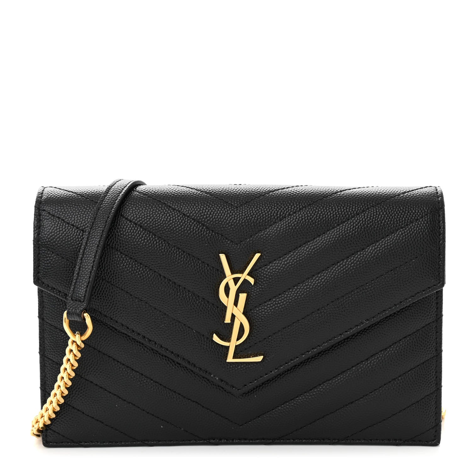 Saint Laurent Grain De Poudre Matelasse Chevron Monogram Envelope Chain Wallet Black 1 of 11